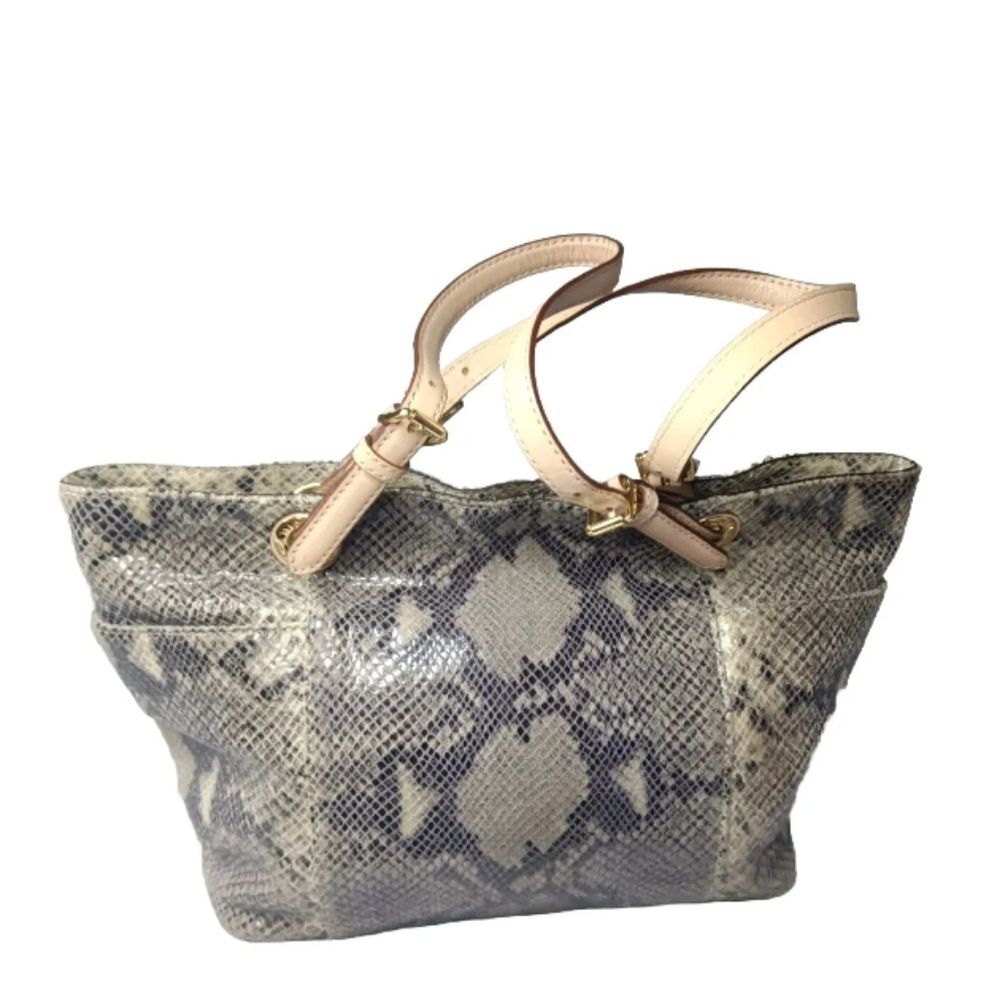 Michael Kors North South Tote Python Embossed Beige~Black Leather Handbag - Picture 2 of 13